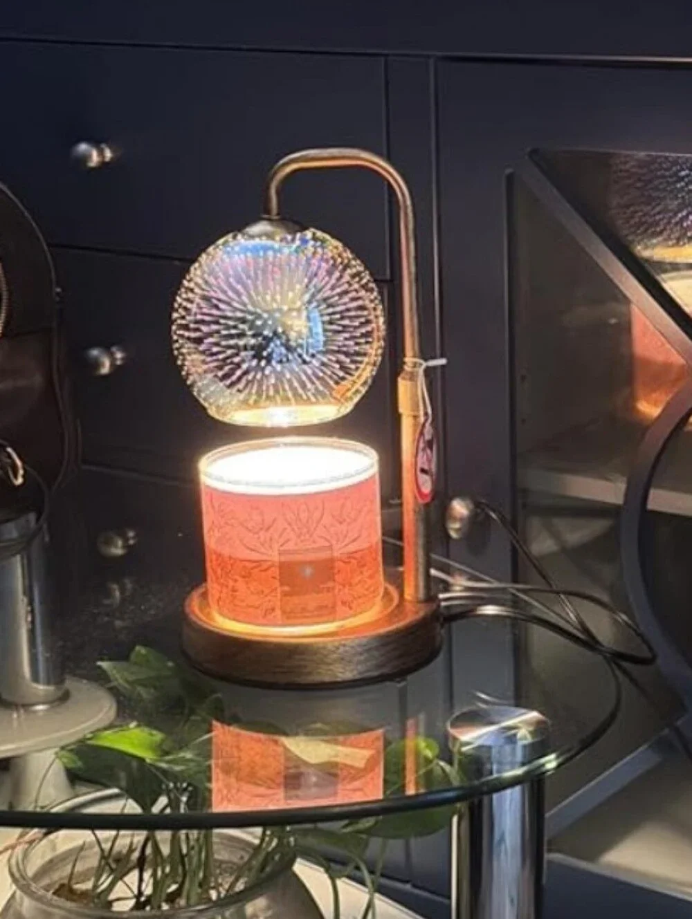 ​3D Firework Glass Candle Warmer Lamp Adjustable Height Wooden Base Light Timer